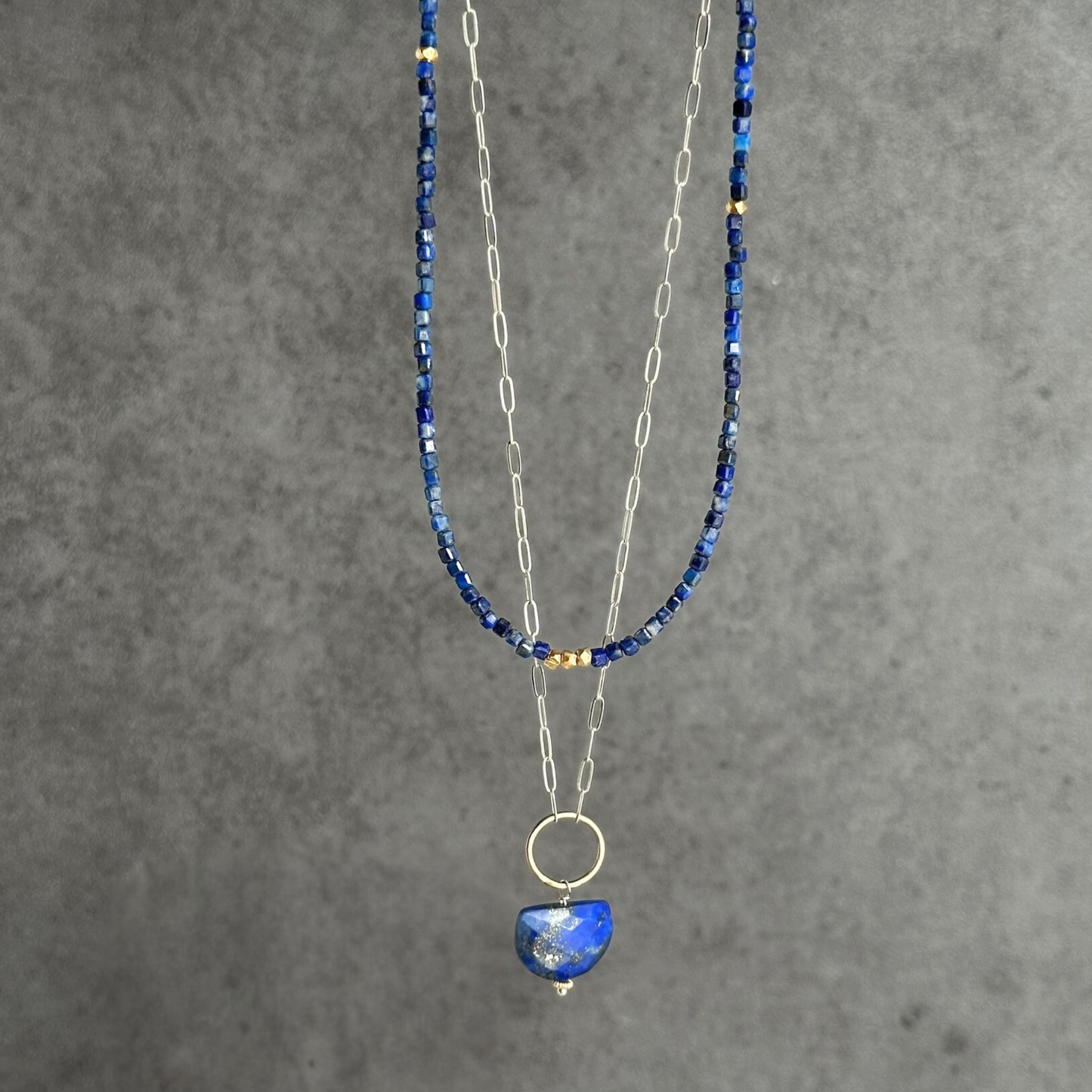 Anchored Harmony - Sterling Silver Layered Double Strand Lapis Necklace
