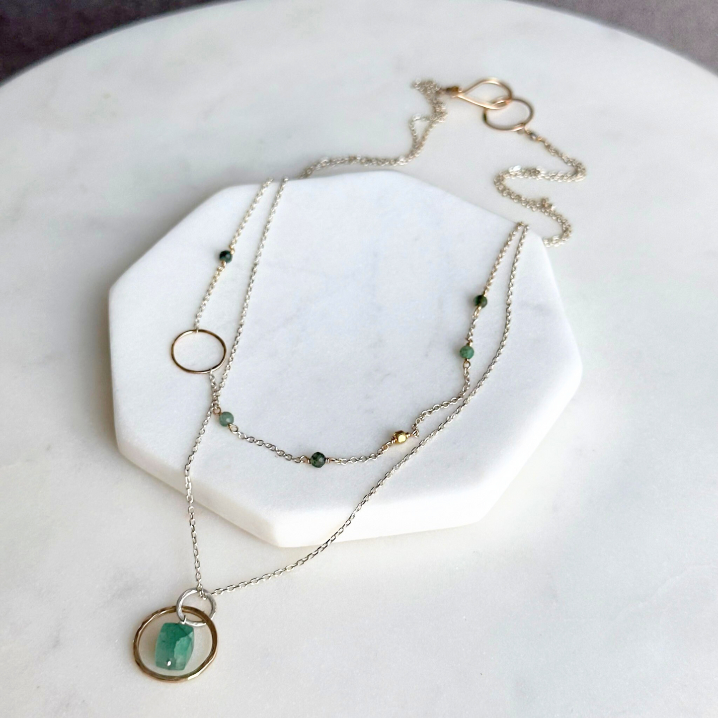 Inspired Serenity - Layered Emerald Sterling Silver and Gold Hoop Necklace