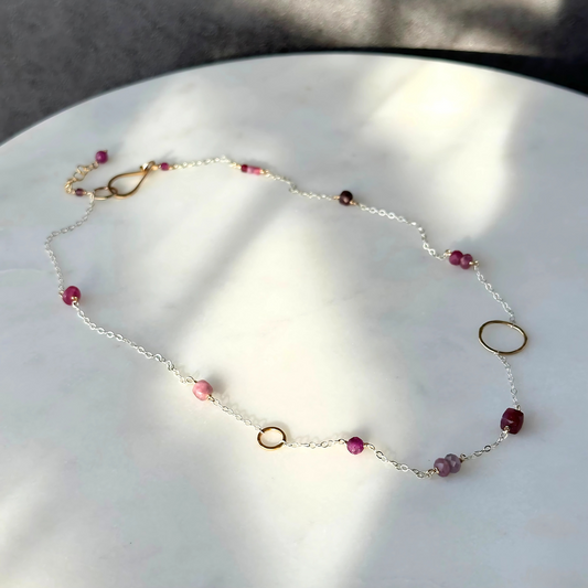 Courage in Bloom - Dainty Ruby & Asymmetric Gold Hoop Choker Necklace