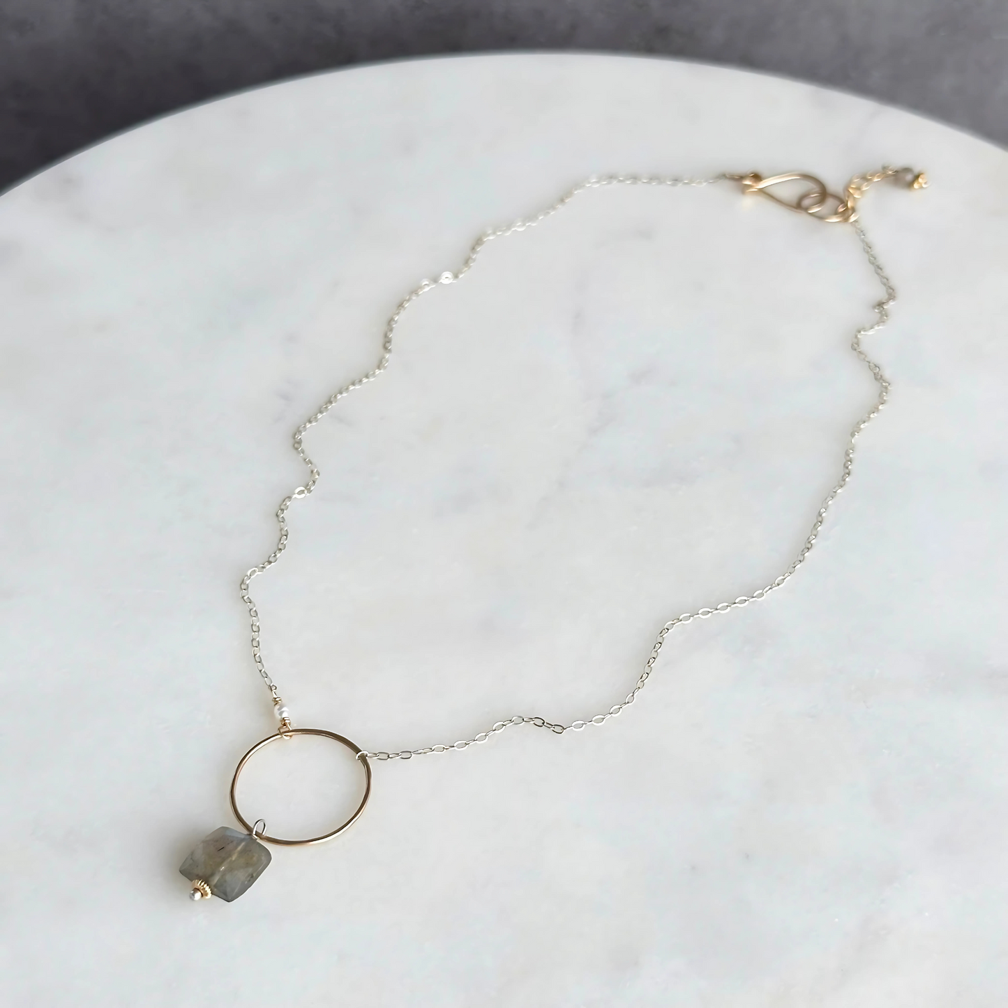 Radiant Balance - Sterling Silver, Labradorite and Pearl Hoop Necklace