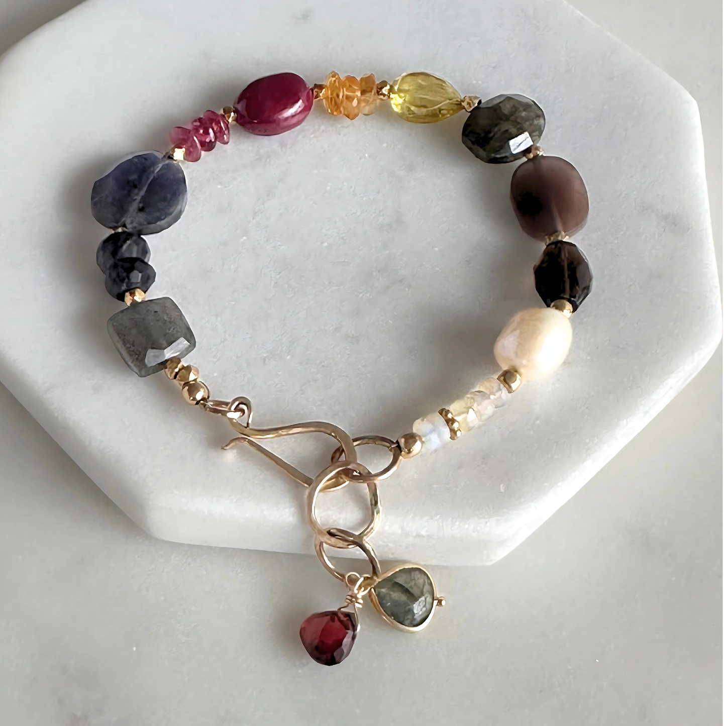 Radiant Mosaic - Gold-Filled Ruby, Citrine, Labradorite, Chocolate Moonstone & Pearl Bracelet
