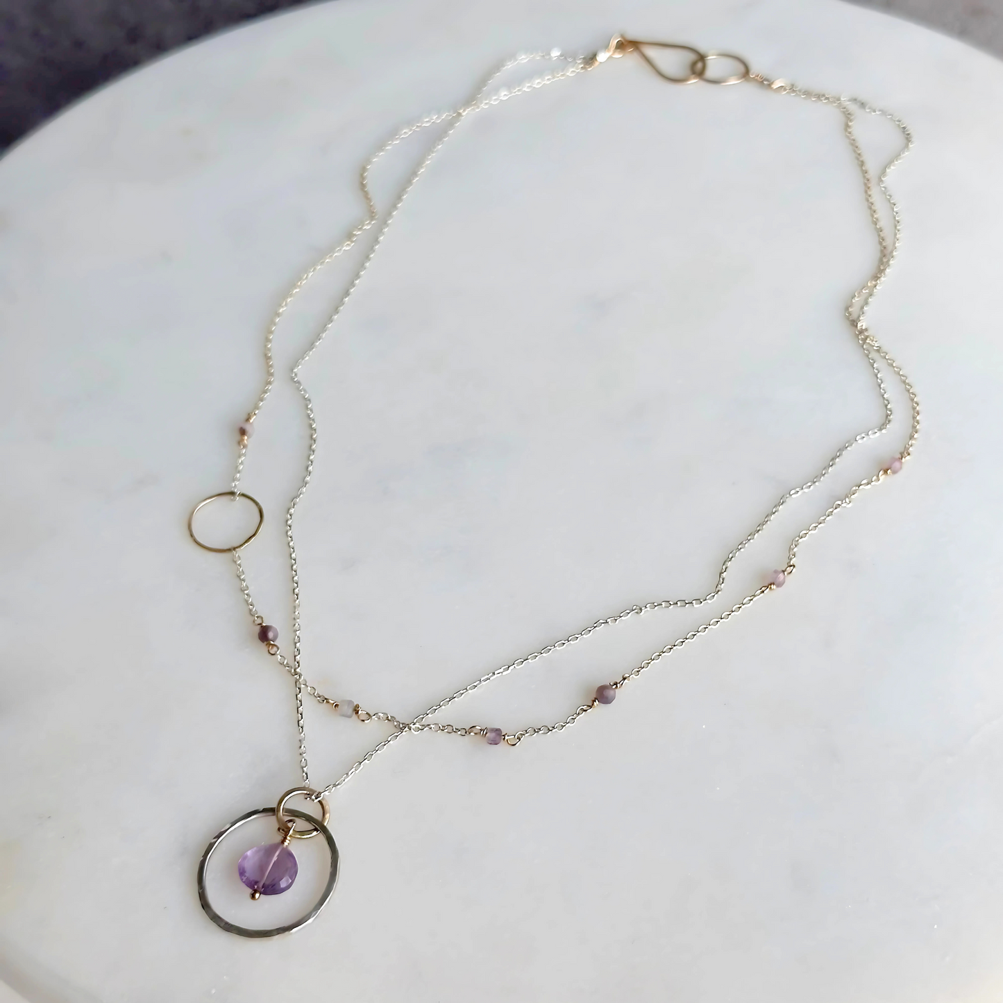 Tranquil Starlight - Layered Amethyst and Sapphire Sterling Silver and Gold Necklace