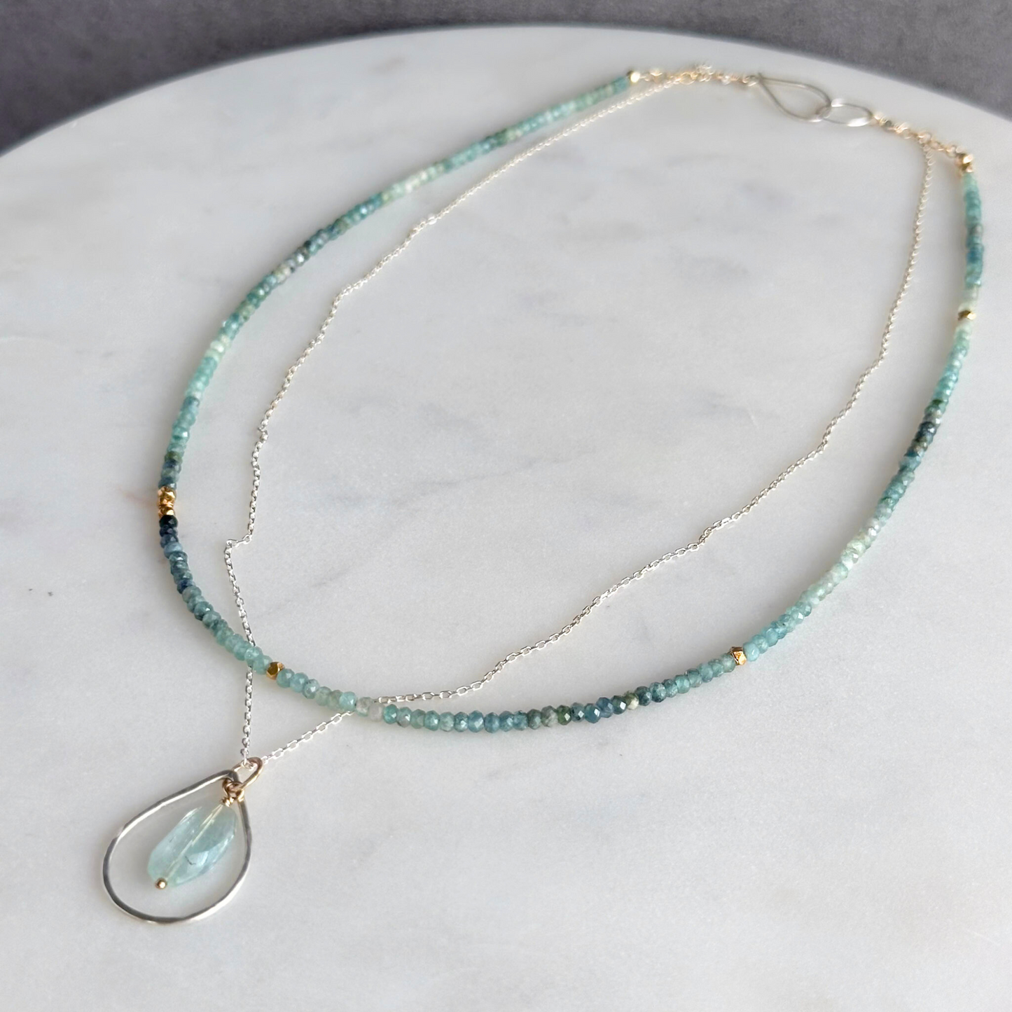 Ocean Blue - Layered Blue Tourmaline and Aquamarine Sterling Silver and Gold Necklace