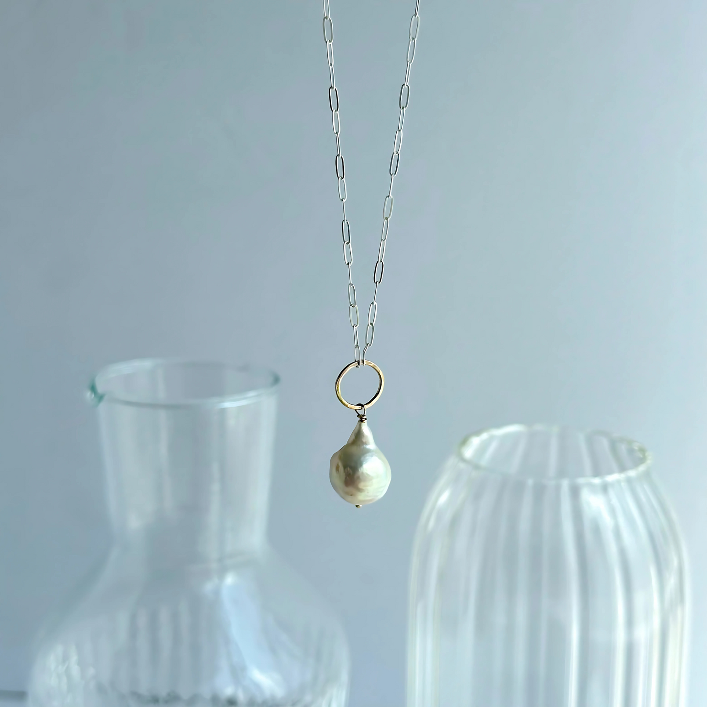 Elegant Whisper - Sterling Silver and Gold Hoop Freshwater Pearl Necklace