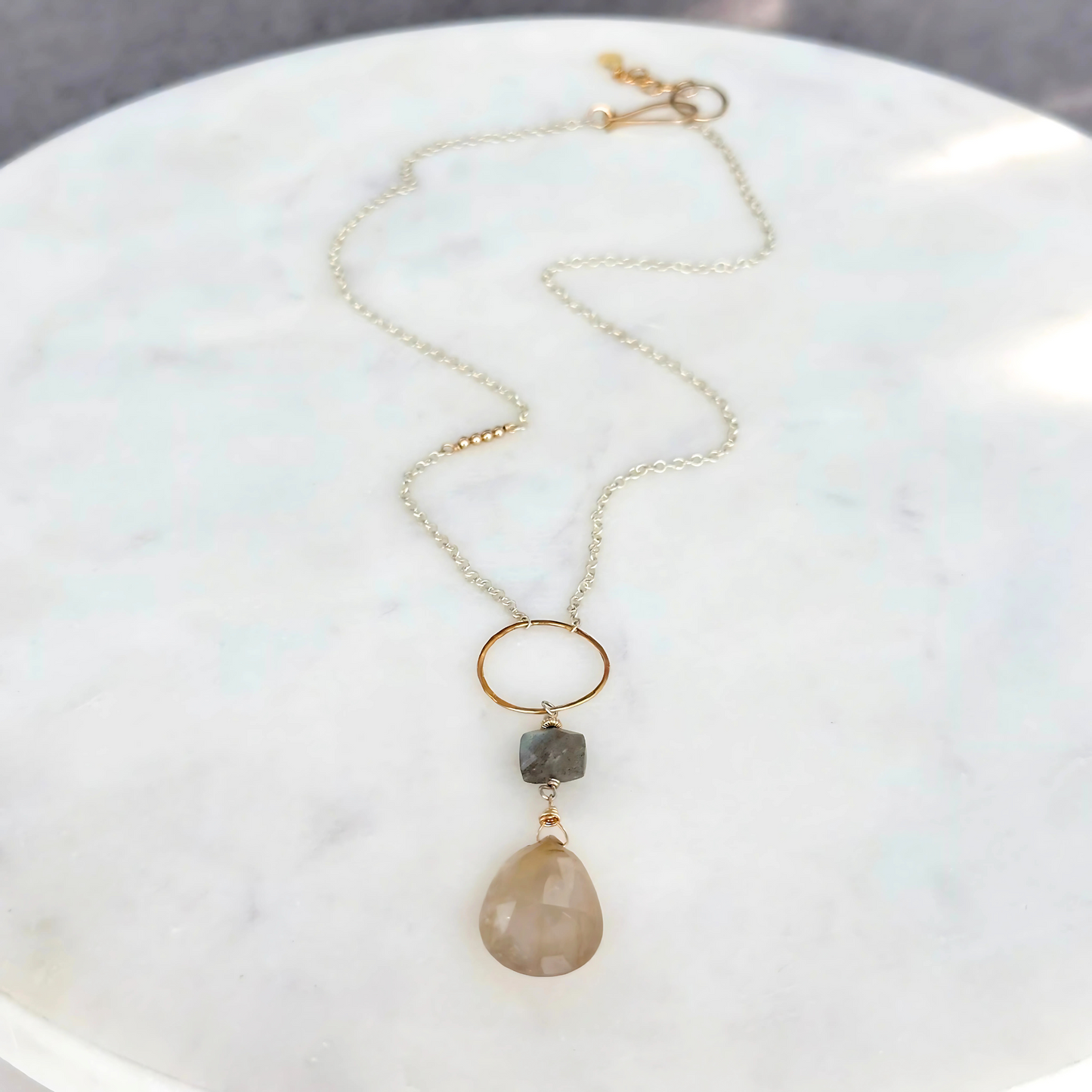 Golden Light Lariat - Sterling Silver Labradorite & Rutilated Quartz Lariat Necklace