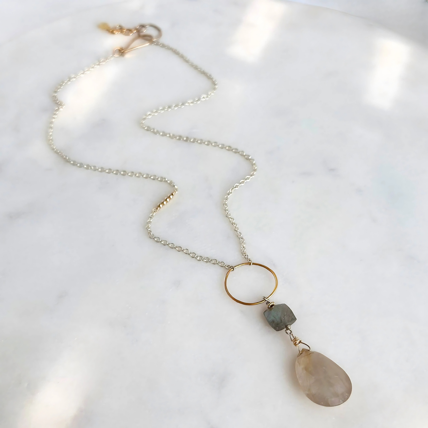 Golden Light Lariat - Sterling Silver Labradorite & Rutilated Quartz Lariat Necklace