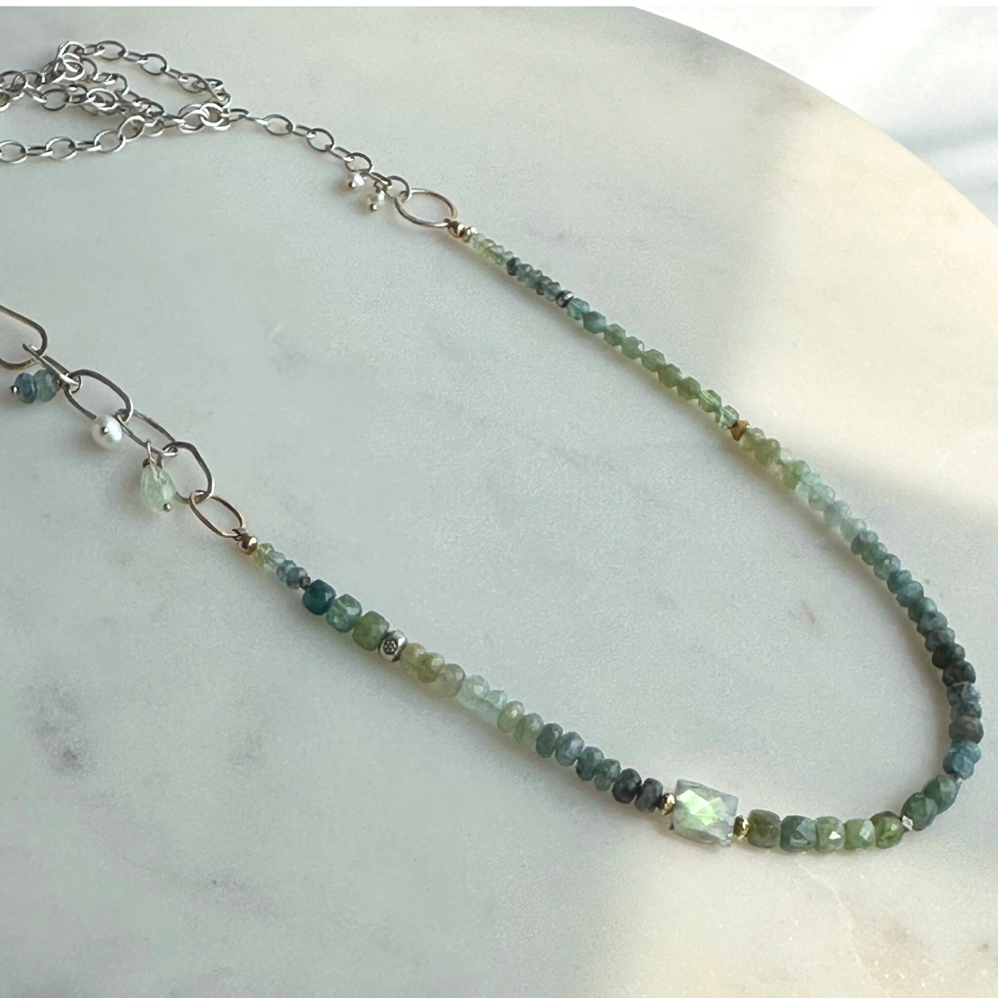 Rooted in Radiance - Sterling Silver Chain and Moss Aquamarine & Labradorite Necklace