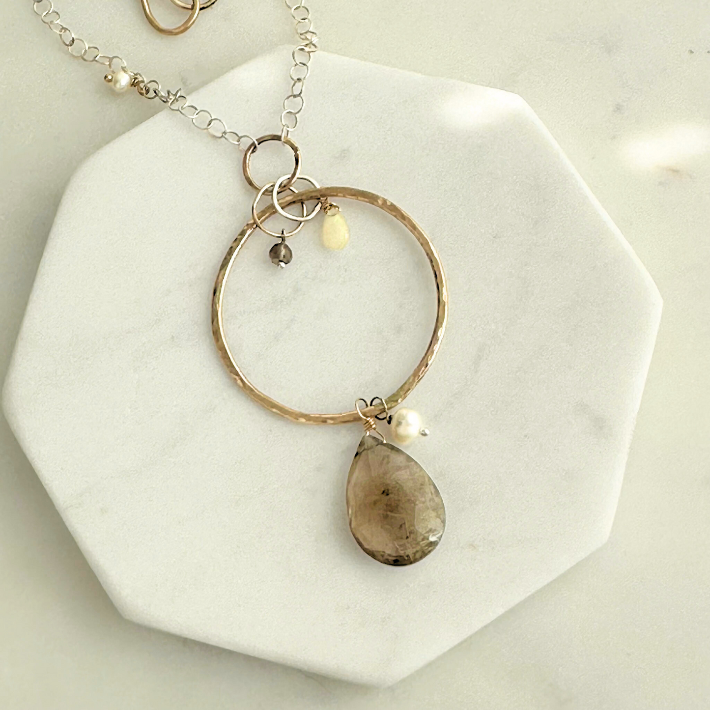 Anchored in Connection - Rutilated Quartz and Pearl Silver and Gold Necklace