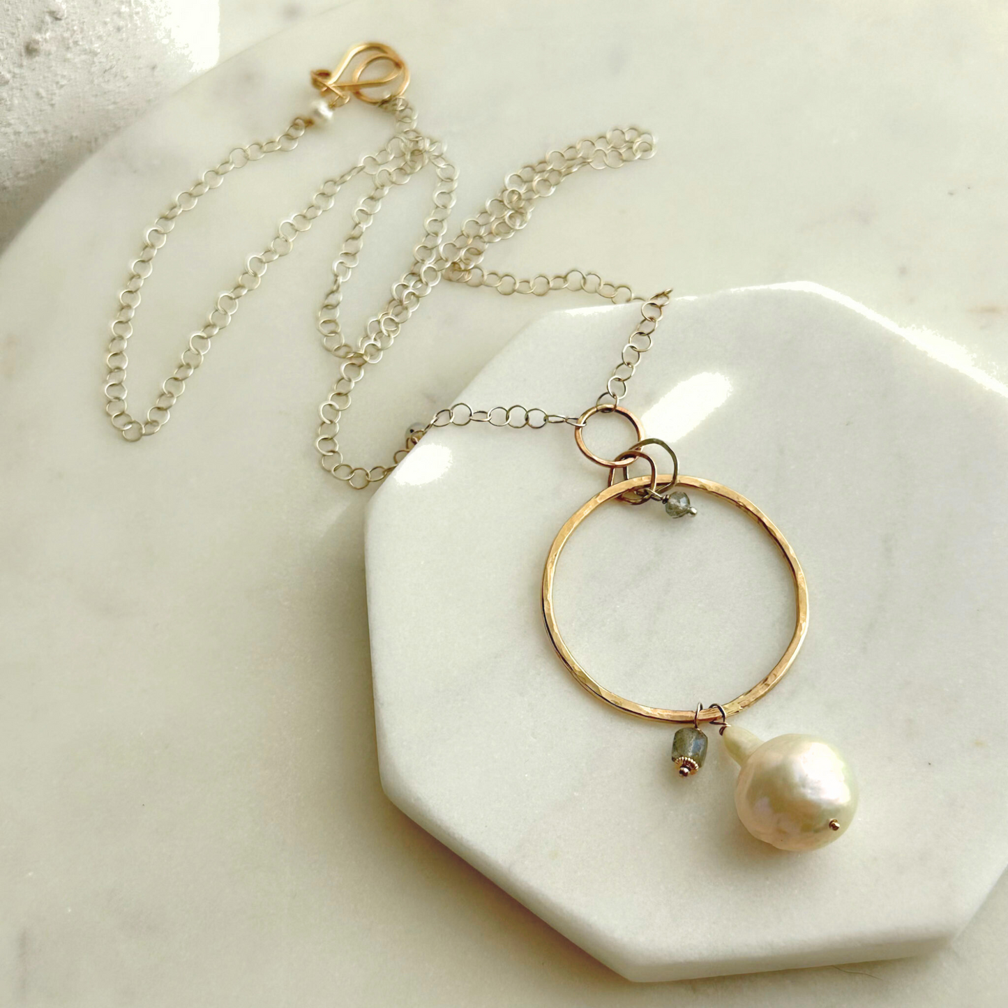 A Drop of Wisdom - Freshwater Pearl and Labradorite Silver and Gold Necklace