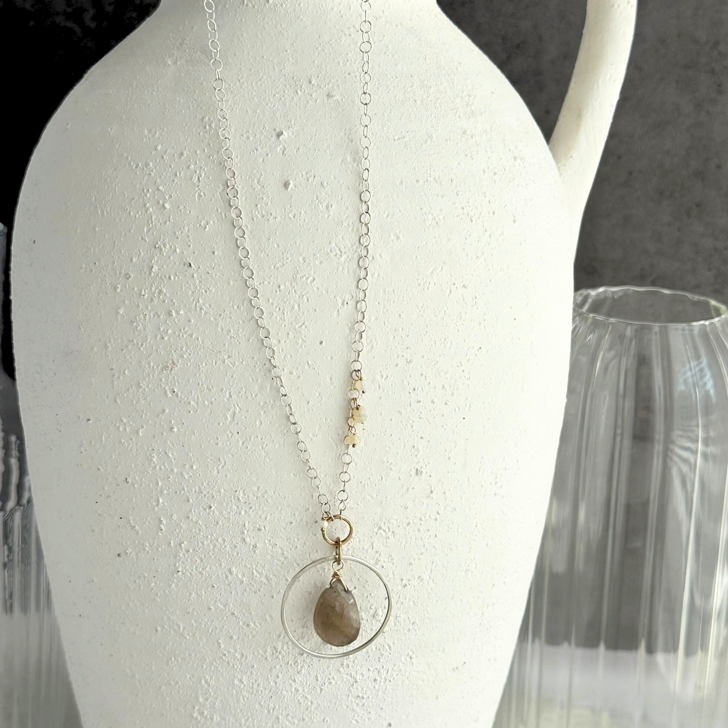 Sacred Light - Sterling Silver and Rutilated Quartz and Opal Necklace