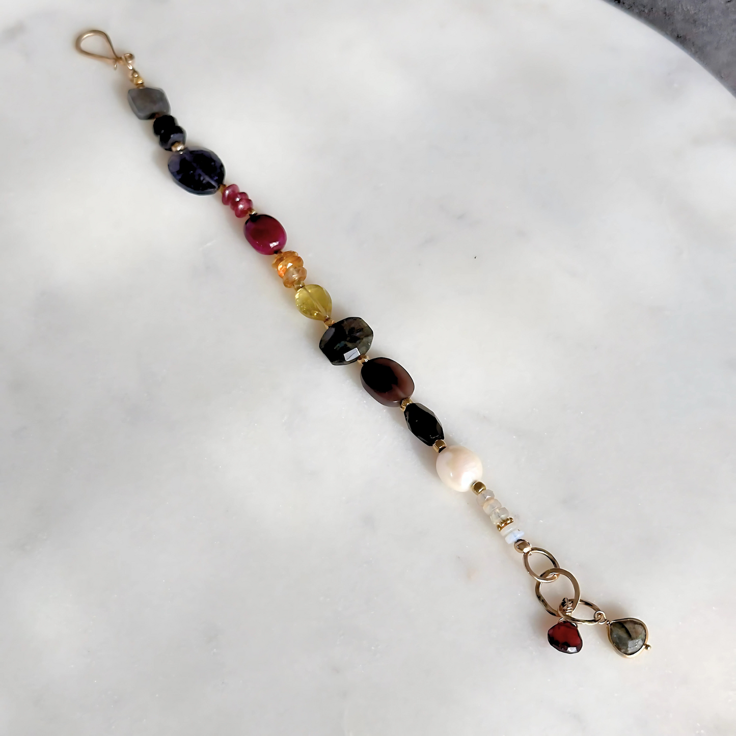 Radiant Mosaic - Gold-Filled Ruby, Citrine, Labradorite, Chocolate Moonstone & Pearl Bracelet