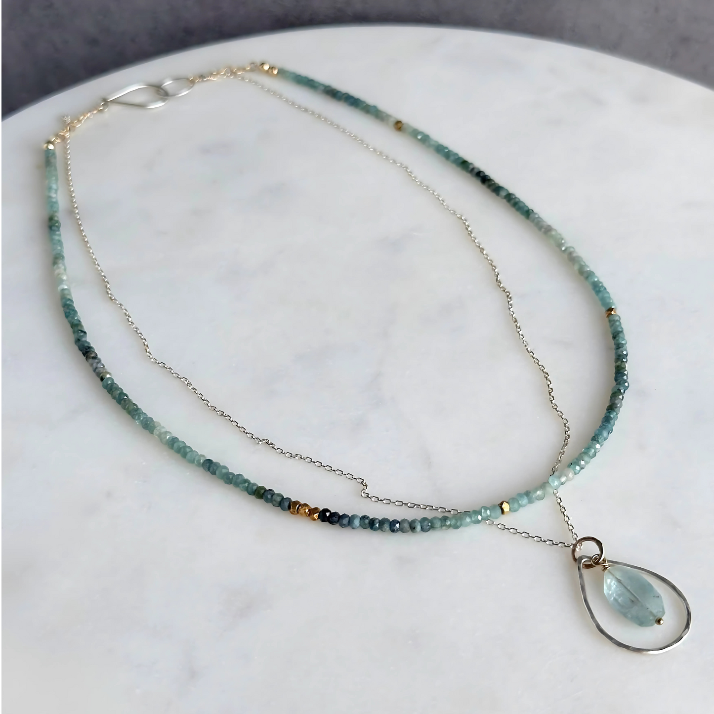 Ocean Blue - Layered Blue Tourmaline and Aquamarine Sterling Silver and Gold Necklace