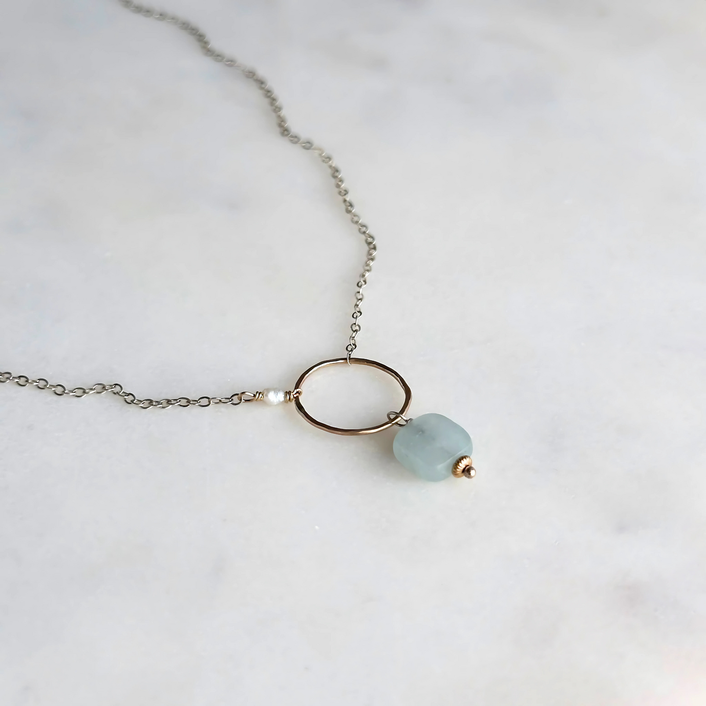 Bonded by Light - Dainty Aquamarine Sterling Silver and Gold Hoop Necklace