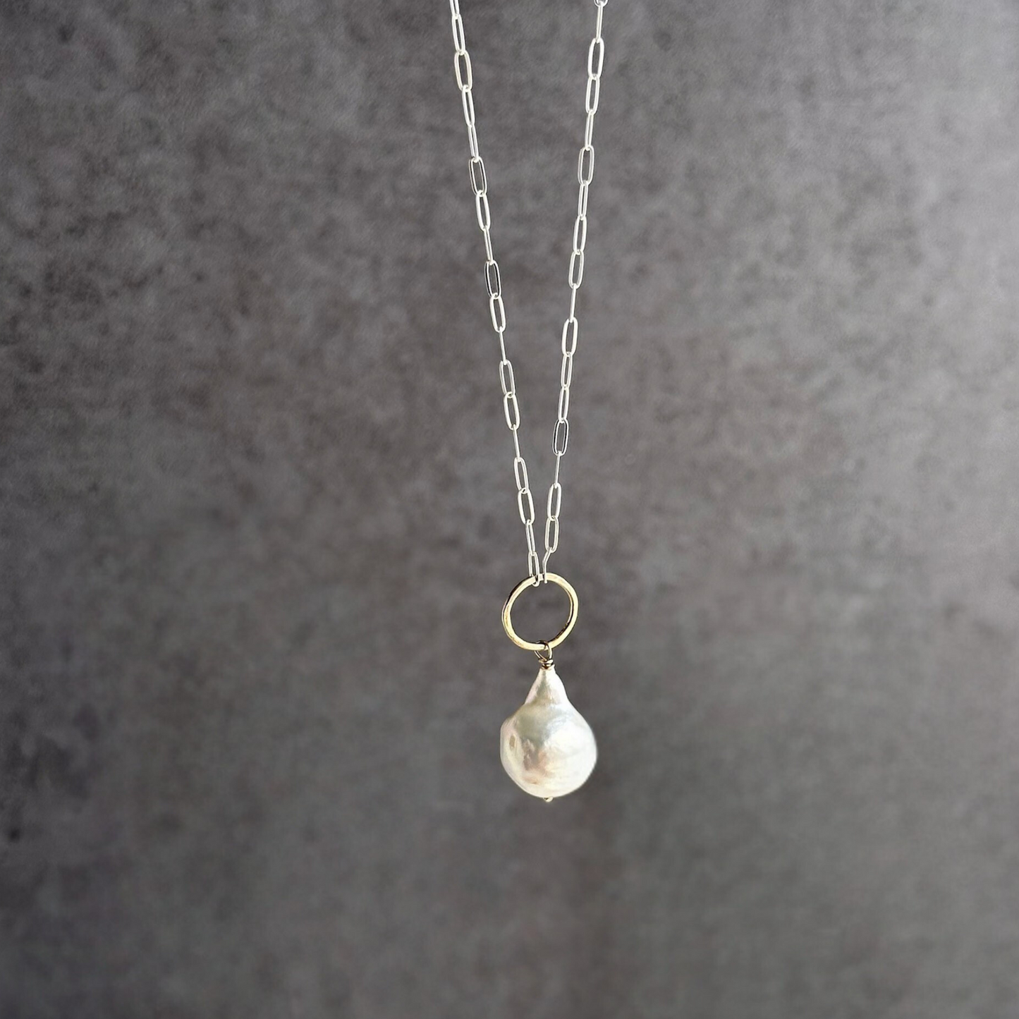Elegant Whisper - Sterling Silver and Gold Hoop Freshwater Pearl Necklace