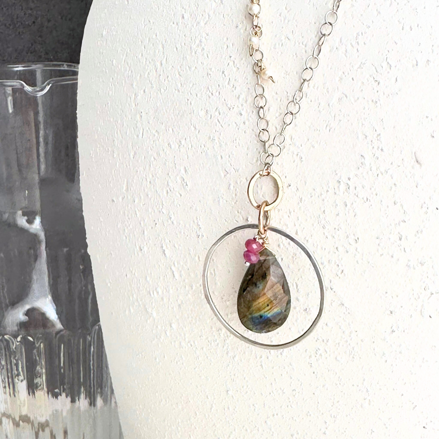 Radiant Insight - Sterling Silver Labradorite & Ruby Necklace