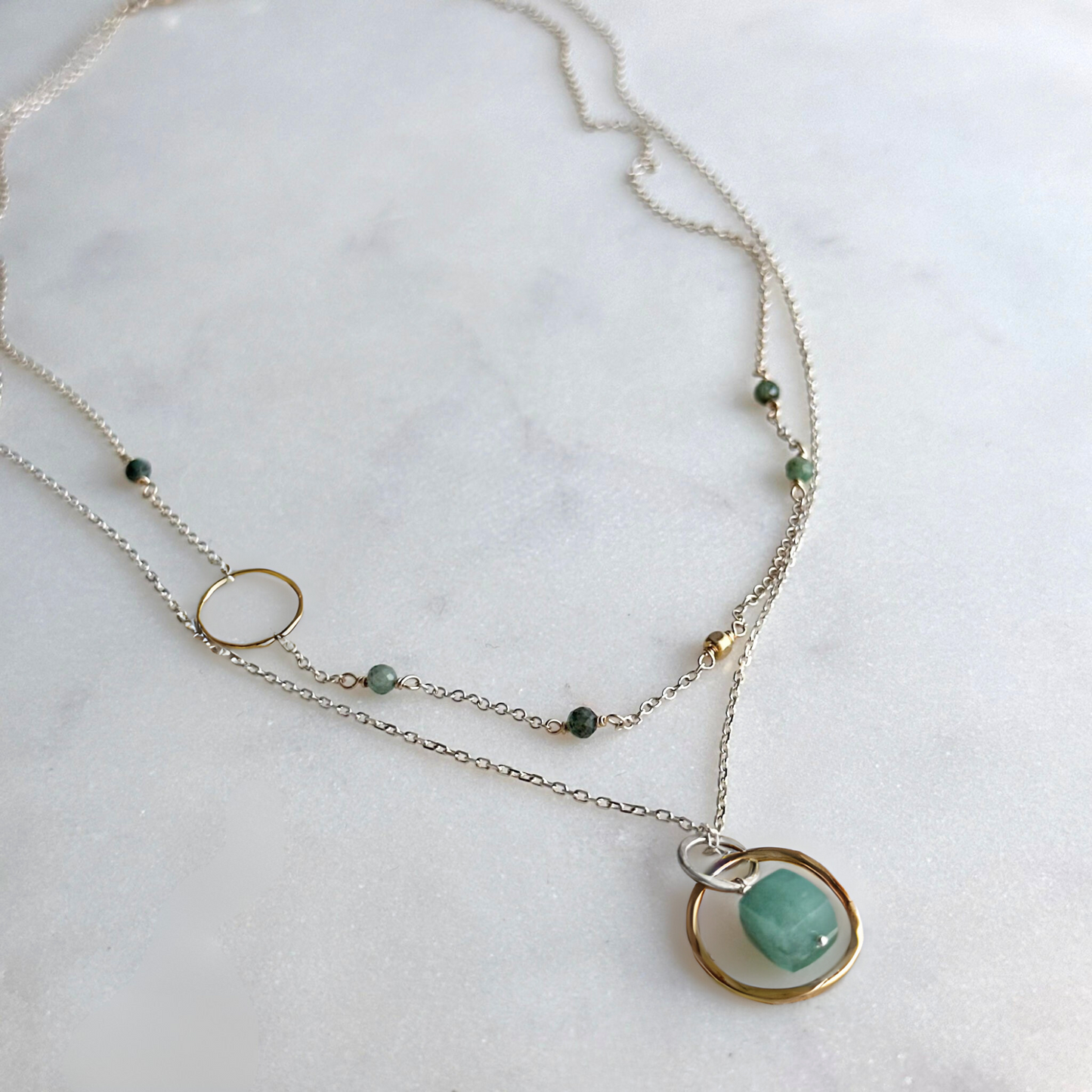 Inspired Serenity - Layered Emerald Sterling Silver and Gold Hoop Necklace