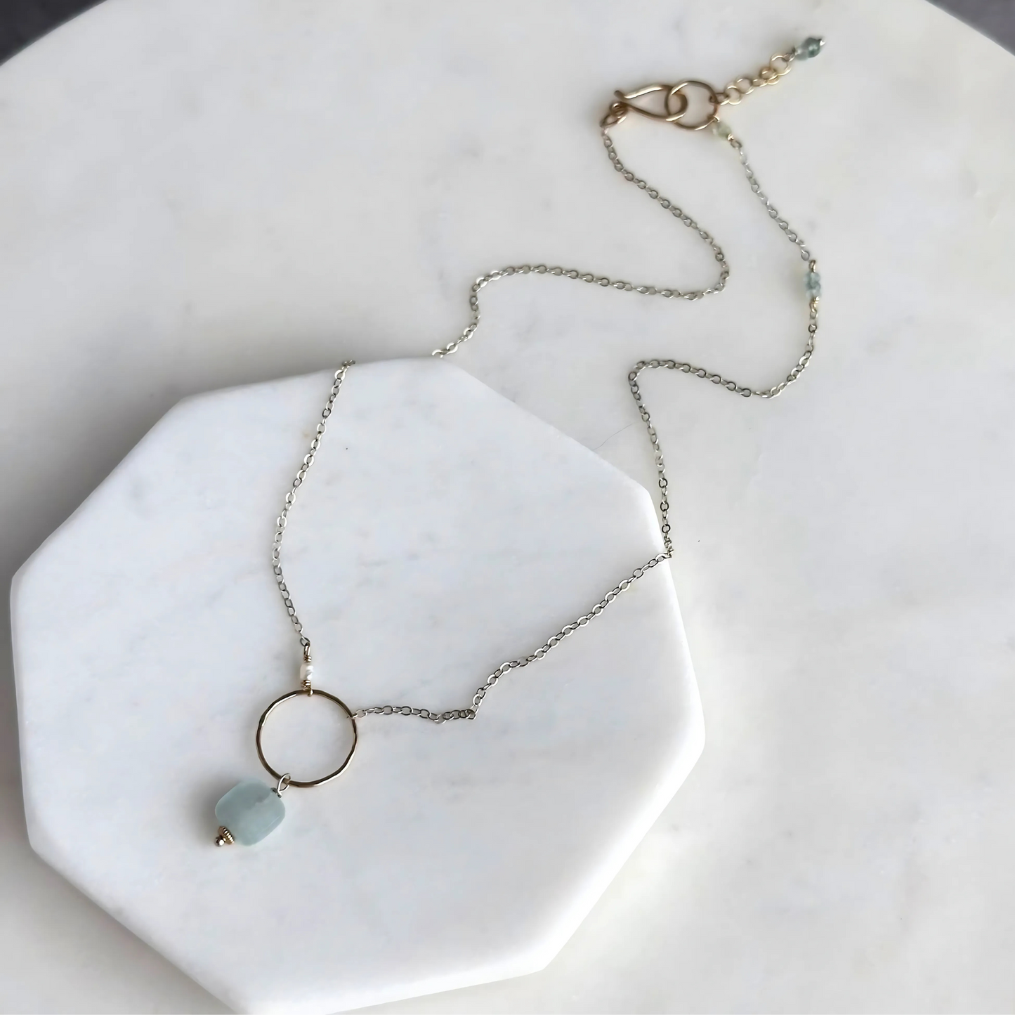 Bonded by Light - Dainty Aquamarine Sterling Silver and Gold Hoop Necklace