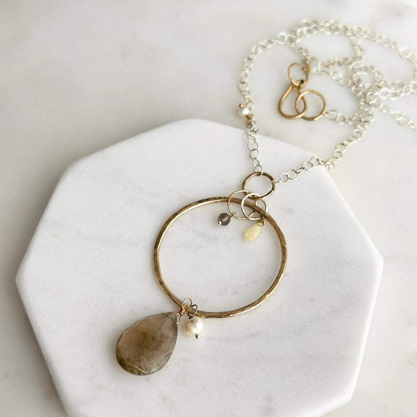 Anchored in Connection - Rutilated Quartz and Pearl Silver and Gold Necklace