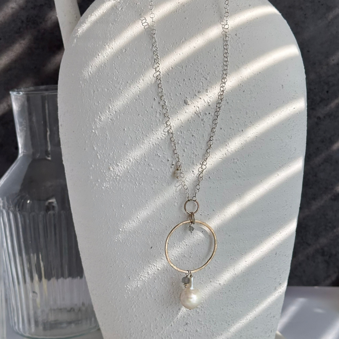 A Drop of Wisdom - Freshwater Pearl and Labradorite Silver and Gold Necklace