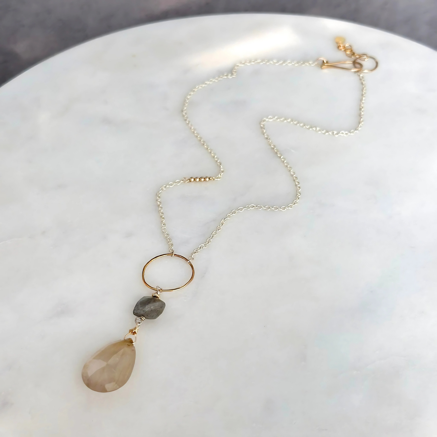 Golden Light Lariat - Sterling Silver Labradorite & Rutilated Quartz Lariat Necklace