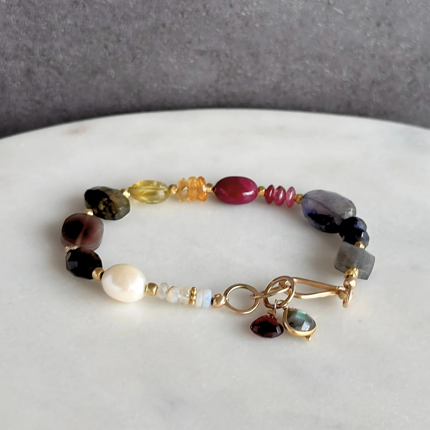 Radiant Mosaic - Gold-Filled Ruby, Citrine, Labradorite, Chocolate Moonstone & Pearl Bracelet