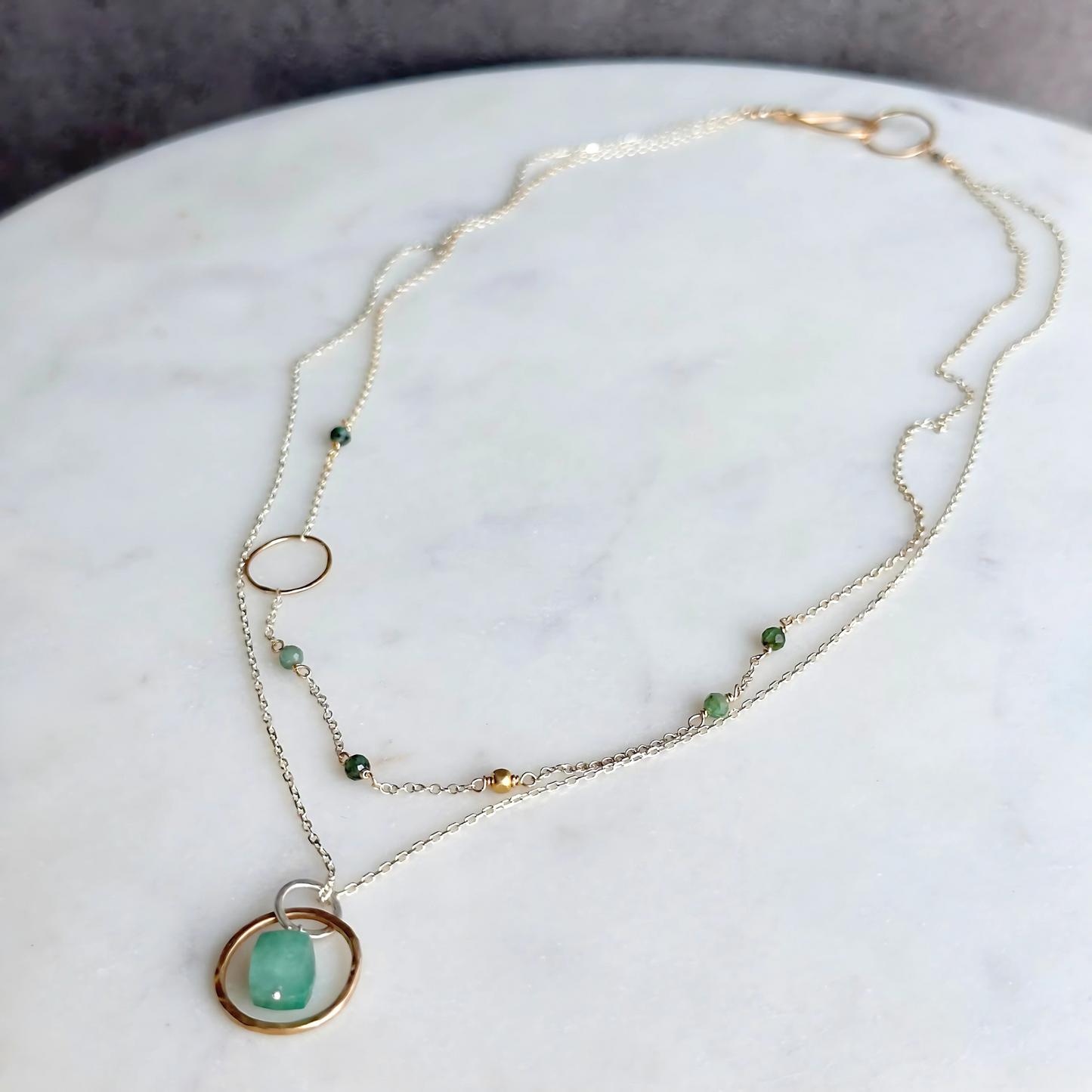 Inspired Serenity - Layered Emerald Sterling Silver and Gold Hoop Necklace