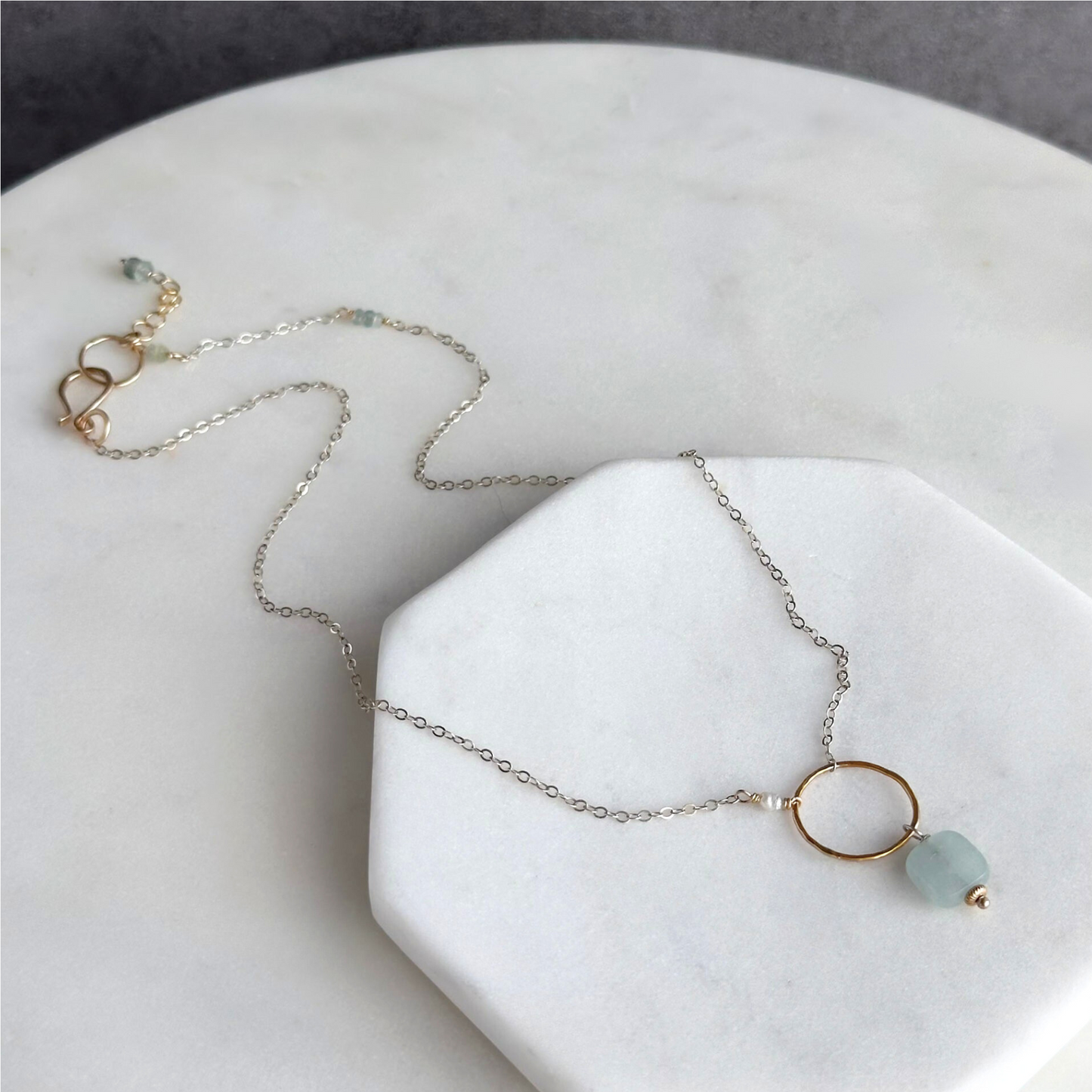 Bonded by Light - Dainty Aquamarine Sterling Silver and Gold Hoop Necklace