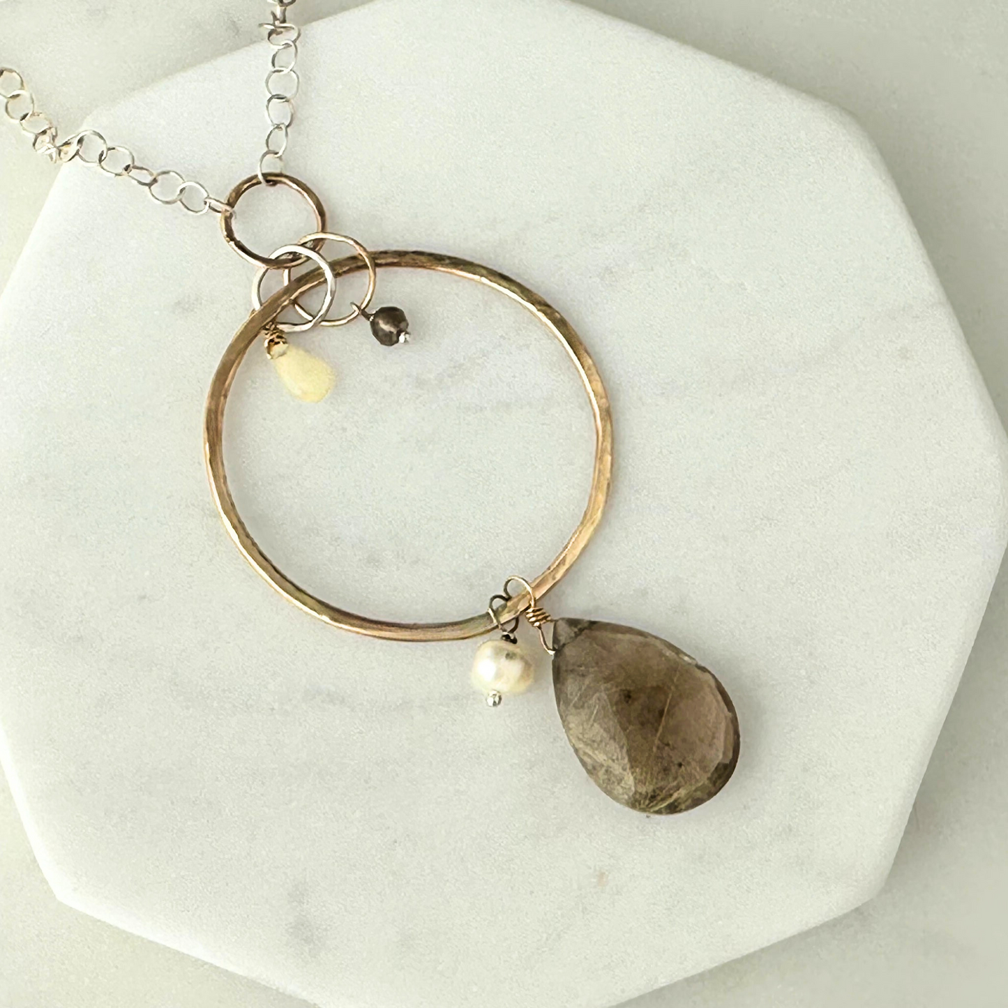 Anchored in Connection - Rutilated Quartz and Pearl Silver and Gold Necklace