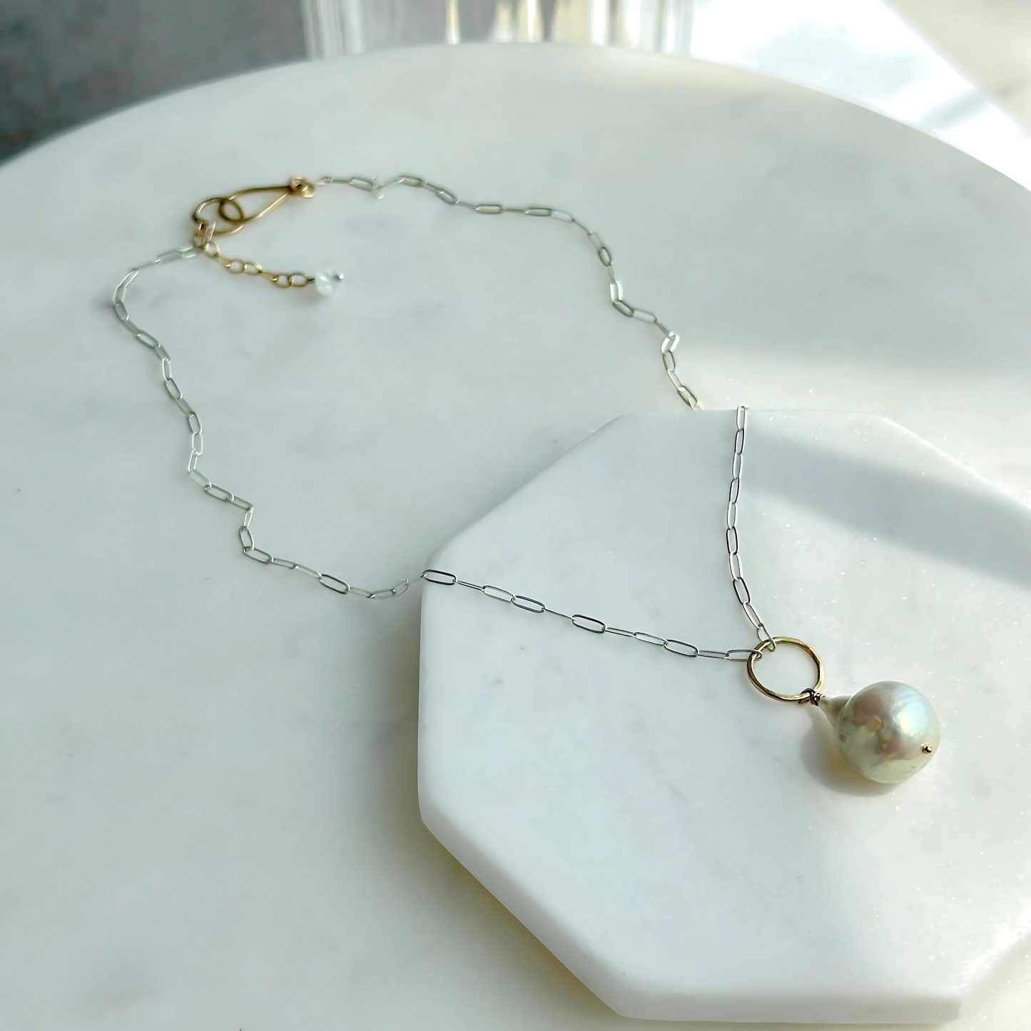 Elegant Whisper - Sterling Silver and Gold Hoop Freshwater Pearl Necklace