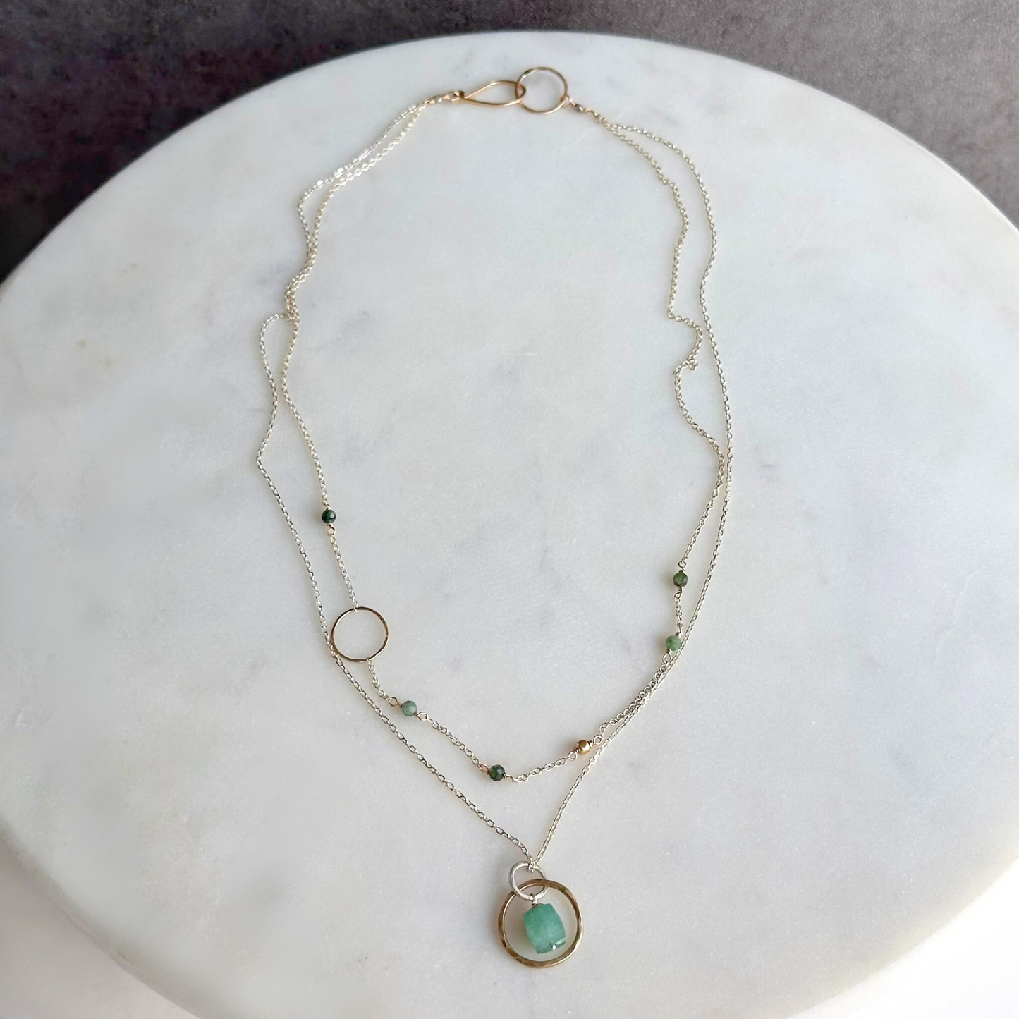 Inspired Serenity - Layered Emerald Sterling Silver and Gold Hoop Necklace