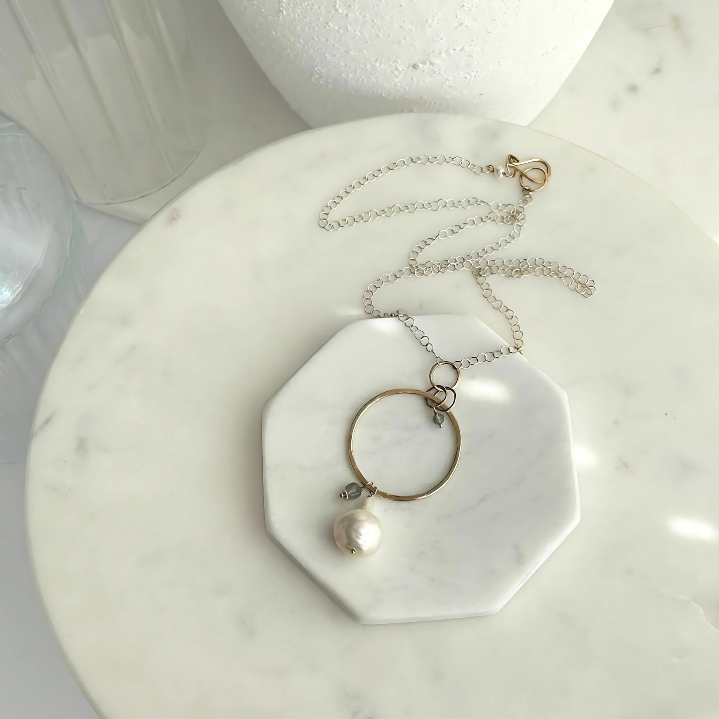 A Drop of Wisdom - Freshwater Pearl and Labradorite Silver and Gold Necklace