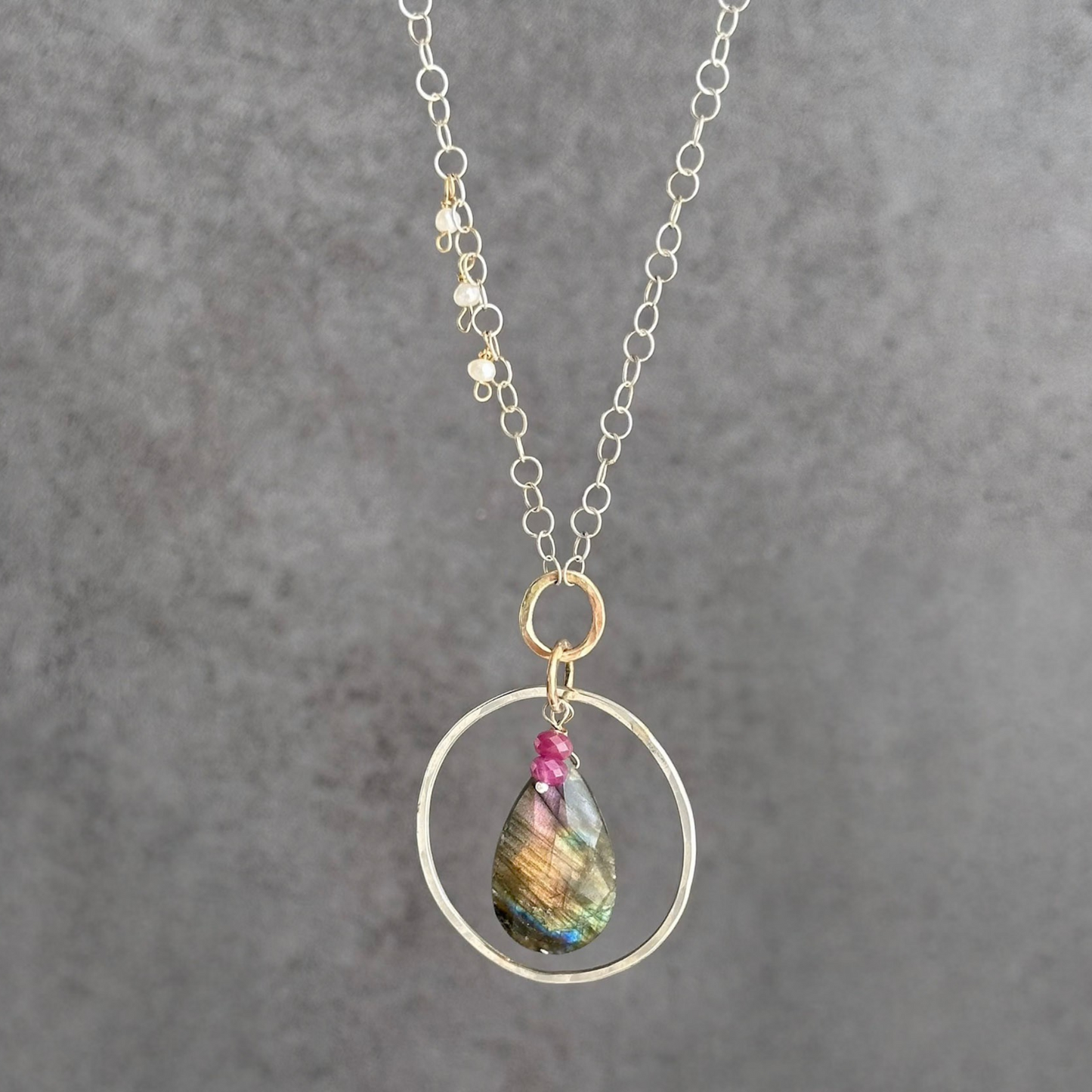 Radiant Insight - Sterling Silver Labradorite & Ruby Necklace