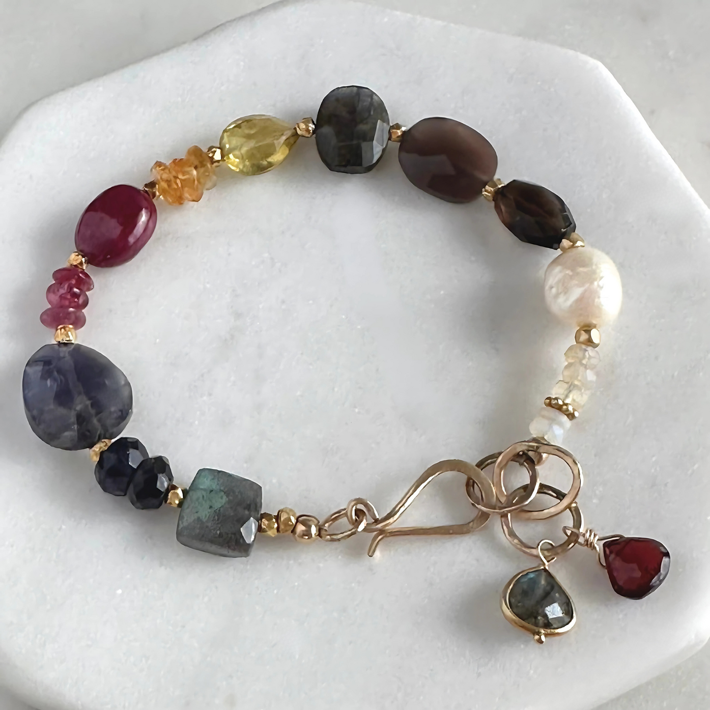 Radiant Mosaic - Gold-Filled Ruby, Citrine, Labradorite, Chocolate Moonstone & Pearl Bracelet