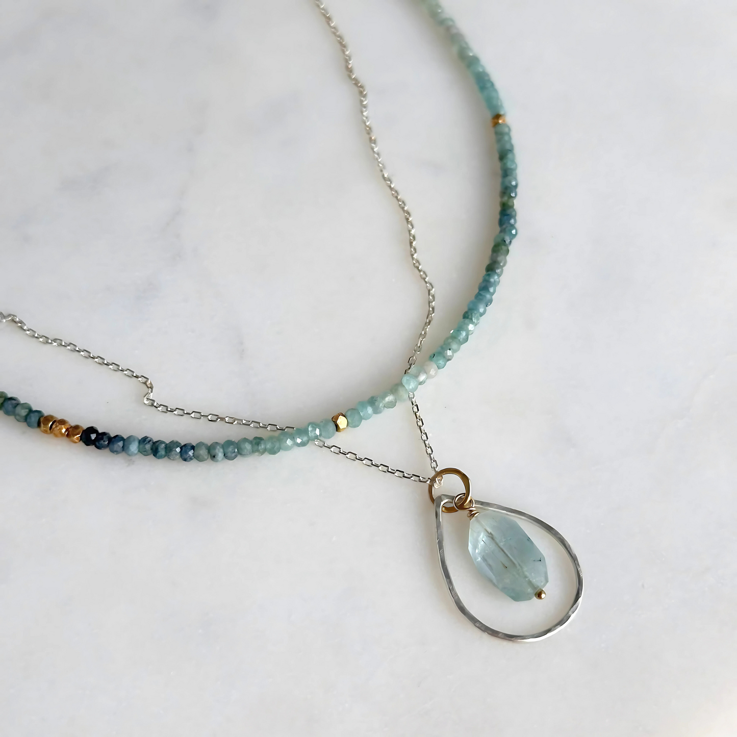 Ocean Blue - Layered Blue Tourmaline and Aquamarine Sterling Silver and Gold Necklace