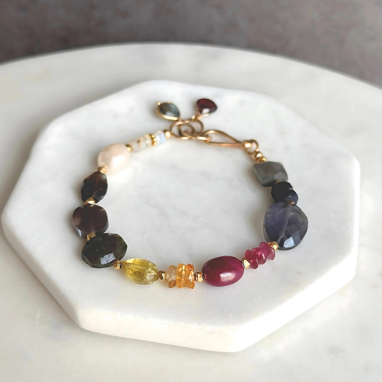 Radiant Mosaic - Gold-Filled Ruby, Citrine, Labradorite, Chocolate Moonstone & Pearl Bracelet