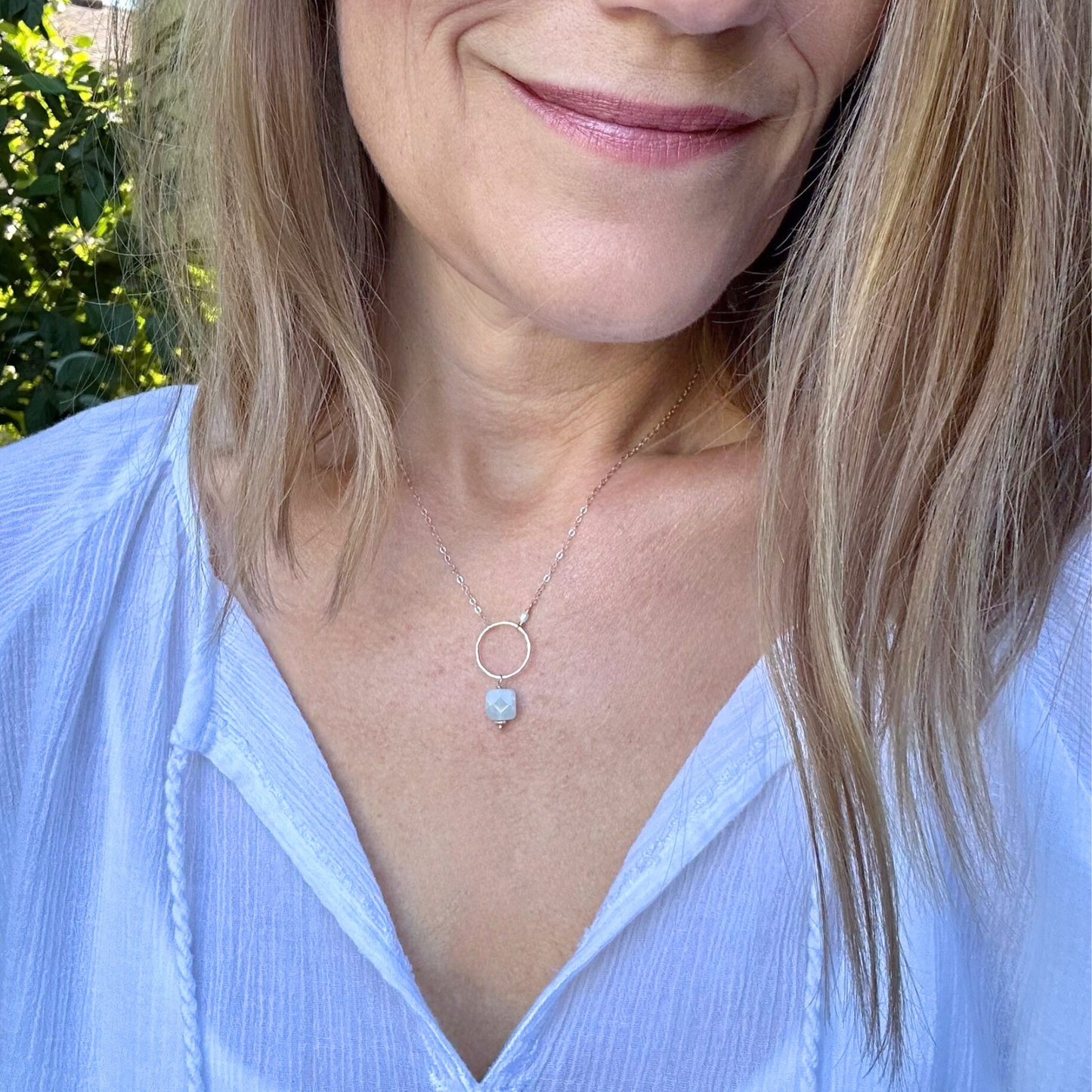 Bonded by Light - Dainty Aquamarine Sterling Silver and Gold Hoop Necklace