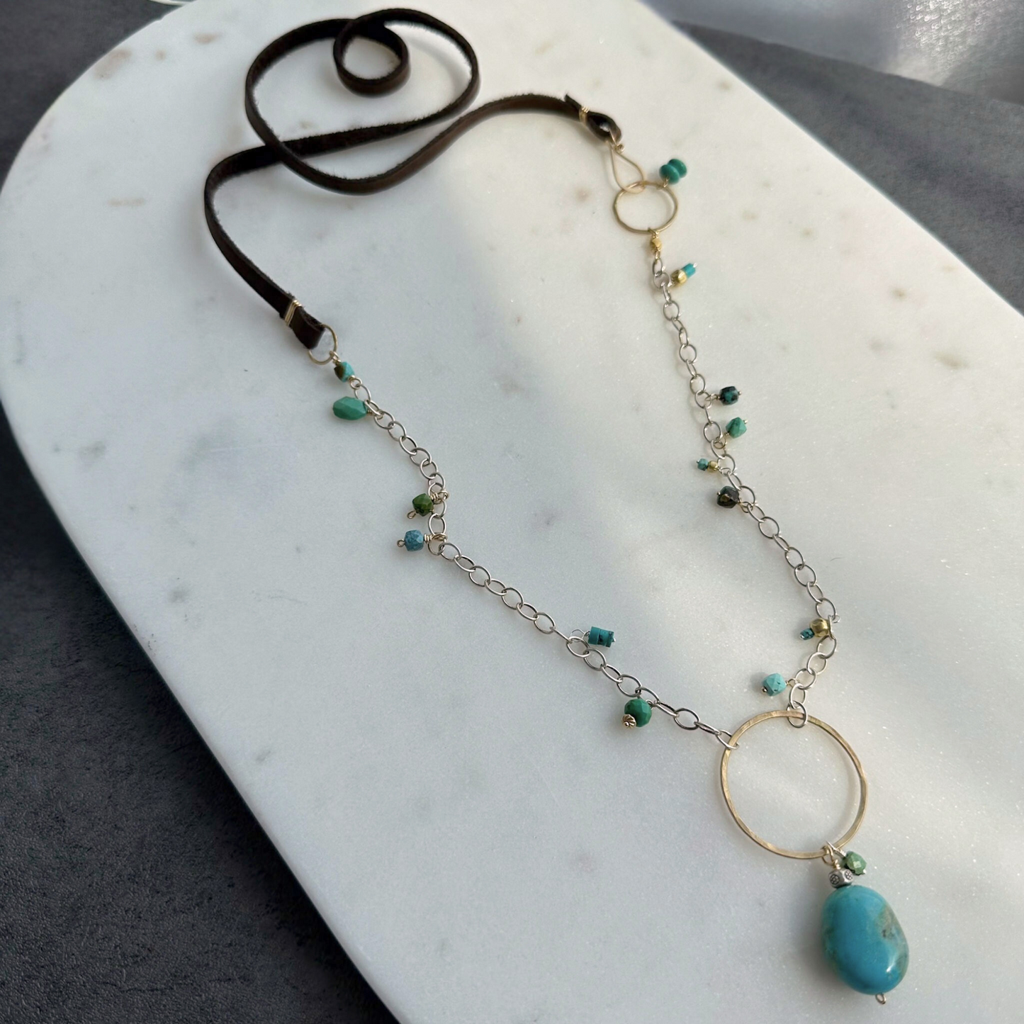 True North - Boho Leather and Sterling Silver and Turquoise Necklace