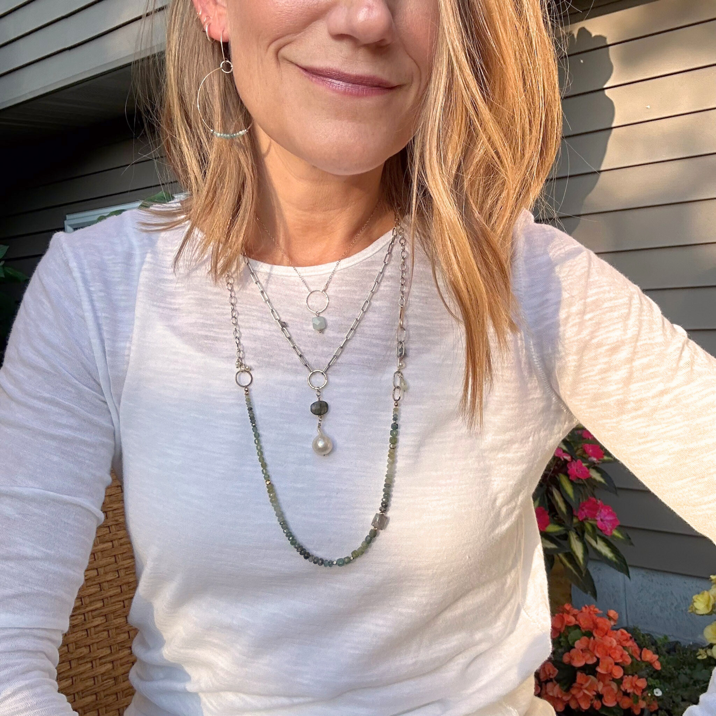 Rooted in Radiance - Sterling Silver Chain and Moss Aquamarine & Labradorite Necklace