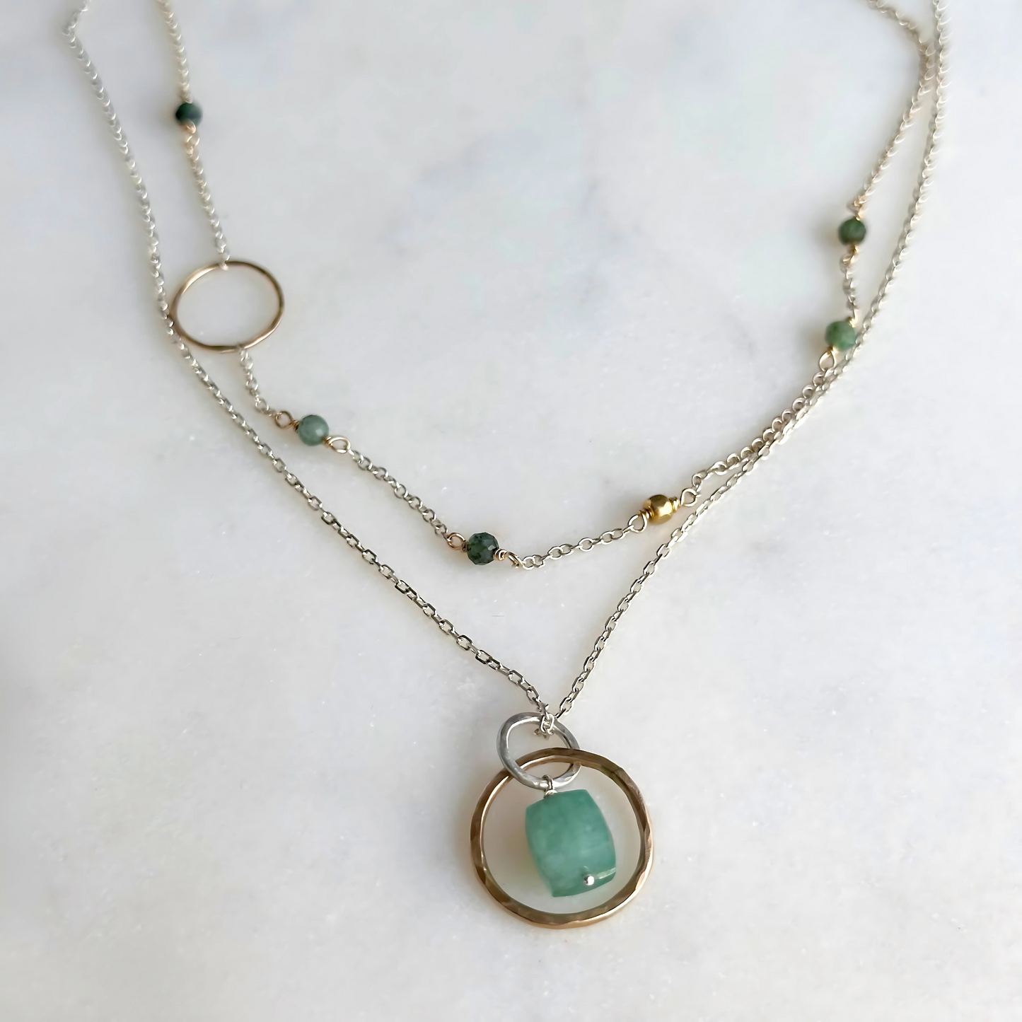 Inspired Serenity - Layered Emerald Sterling Silver and Gold Hoop Necklace
