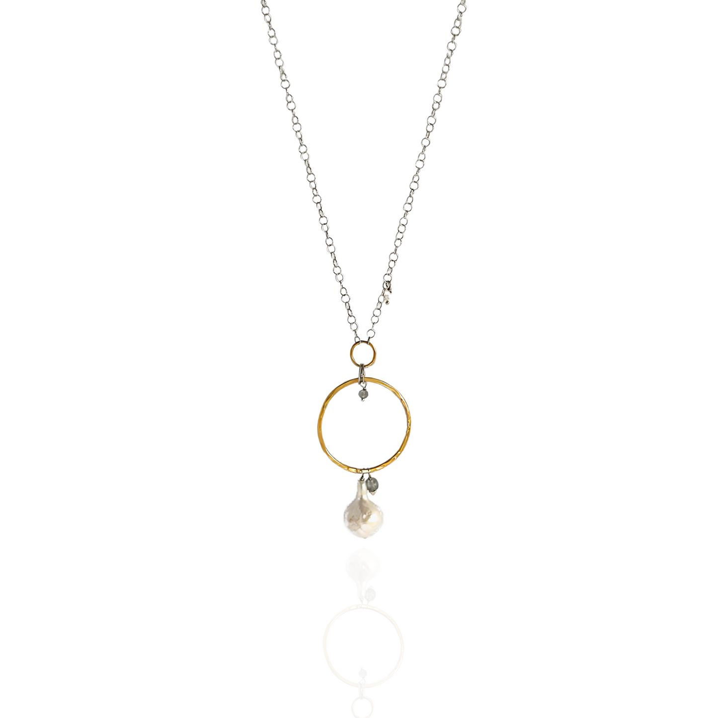 A Drop of Wisdom - Freshwater Pearl and Labradorite Silver and Gold Necklace