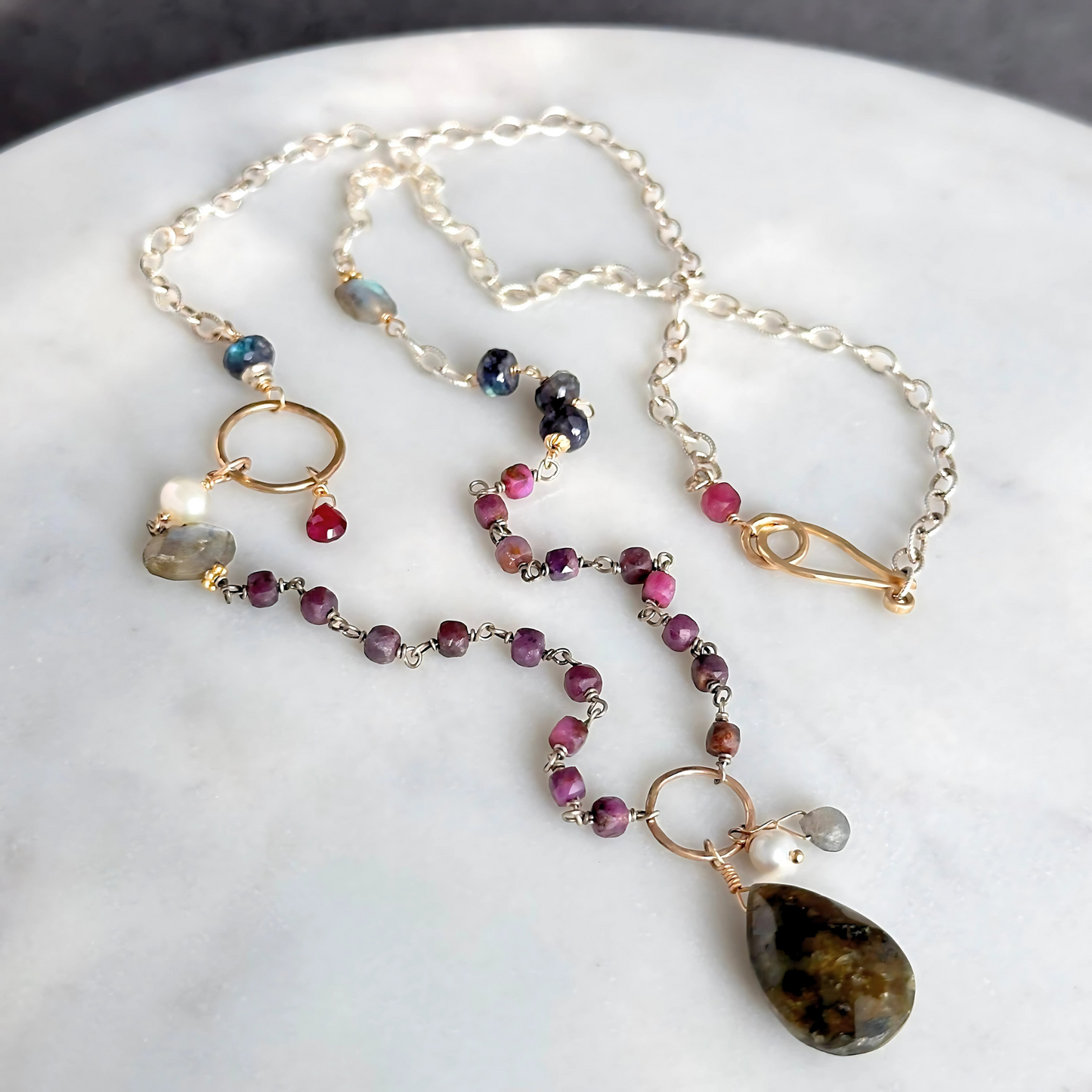 Midnight in Bloom - Beaded Asymmetric Sterling Silver, Ruby and Labroadorite Necklace