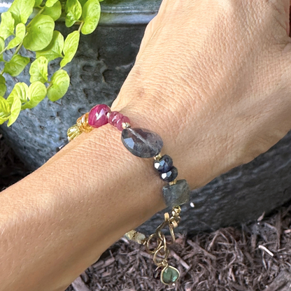 Radiant Mosaic - Gold-Filled Ruby, Citrine, Labradorite, Chocolate Moonstone & Pearl Bracelet