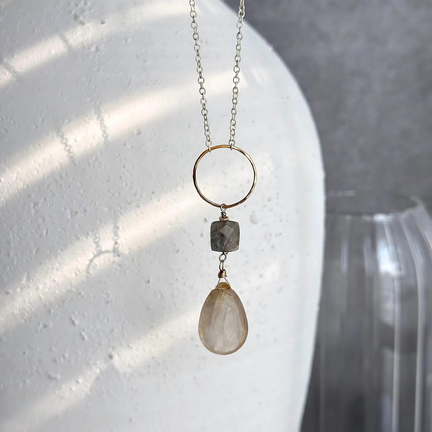 Golden Light Lariat - Sterling Silver Labradorite & Rutilated Quartz Lariat Necklace
