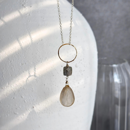 Golden Light Lariat - Sterling Silver Labradorite & Rutilated Quartz Lariat Necklace