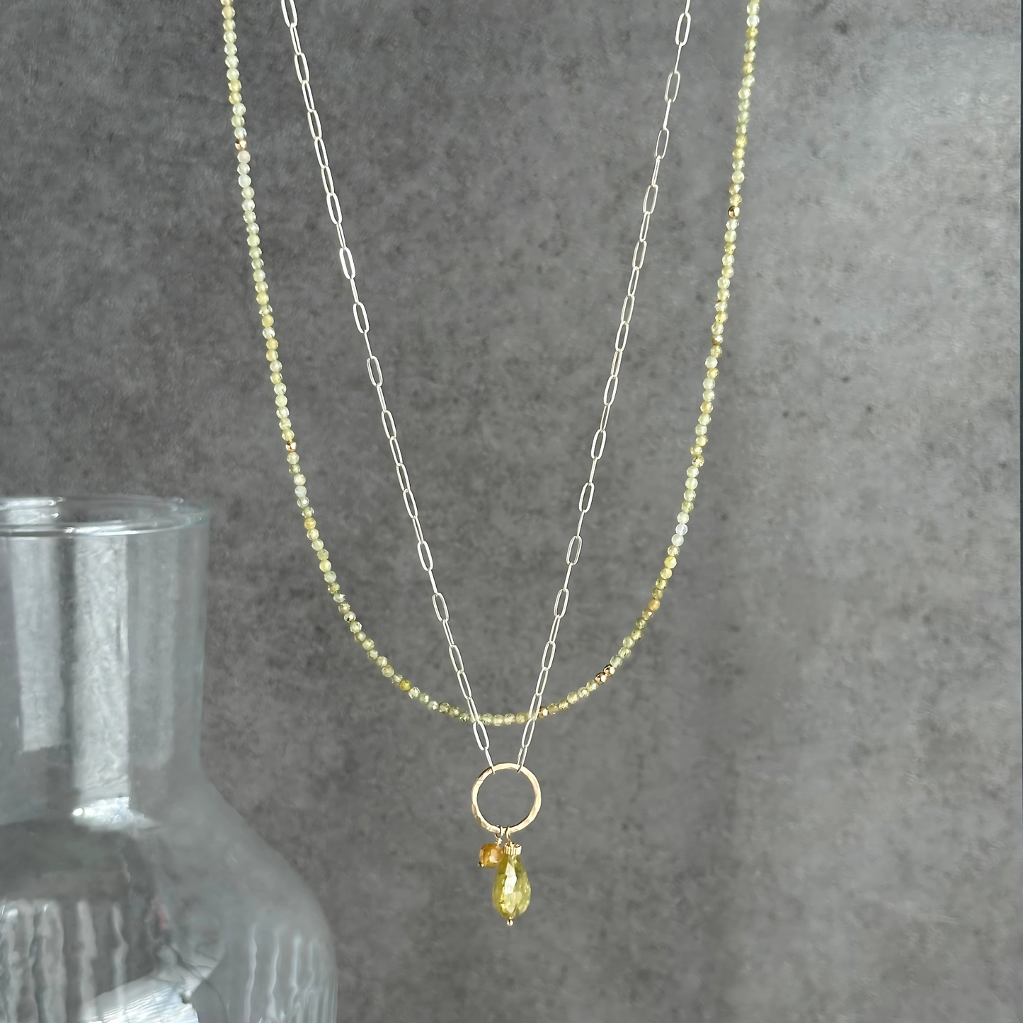 Enlightened Journey - Double Layered Sterling Silver and Gold Hoop Green Garnet Necklace