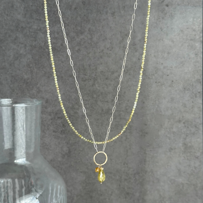 Enlightened Journey - Double Layered Sterling Silver and Gold Hoop Green Garnet Necklace