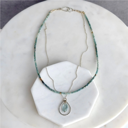 Ocean Blue - Layered Blue Tourmaline and Aquamarine Sterling Silver and Gold Necklace