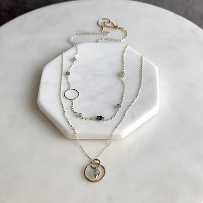 Serene Harmony - Layered Moss Aquamarine Sterling Silver and Gold Hoop Necklace