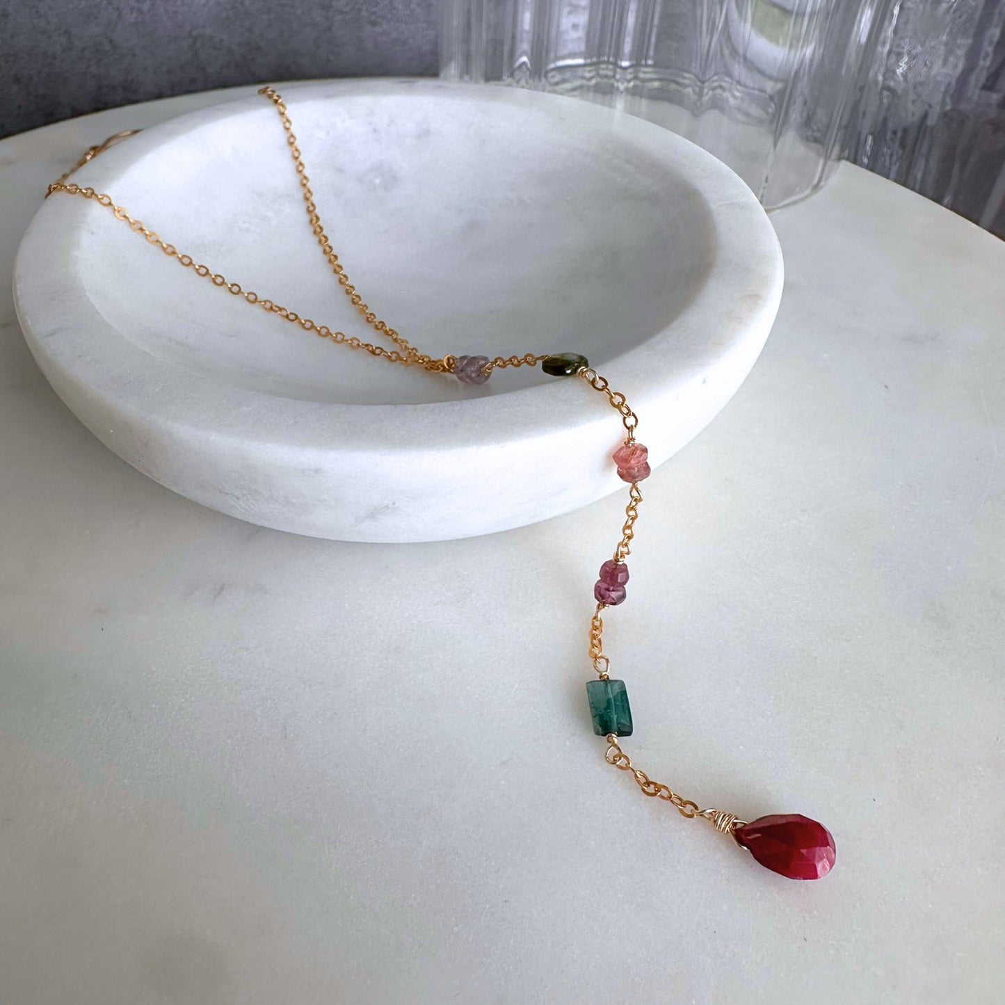 One True Thing | Gold-Filled Lariat with Sapphire, Tourmaline & Ruby