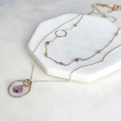 Tranquil Starlight - Layered Amethyst and Sapphire Sterling Silver and Gold Necklace